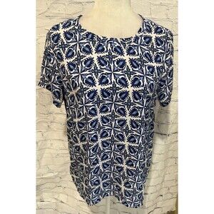 Ann Taylor Loft blue and white Mediterranean print short sleeve blouse Medium